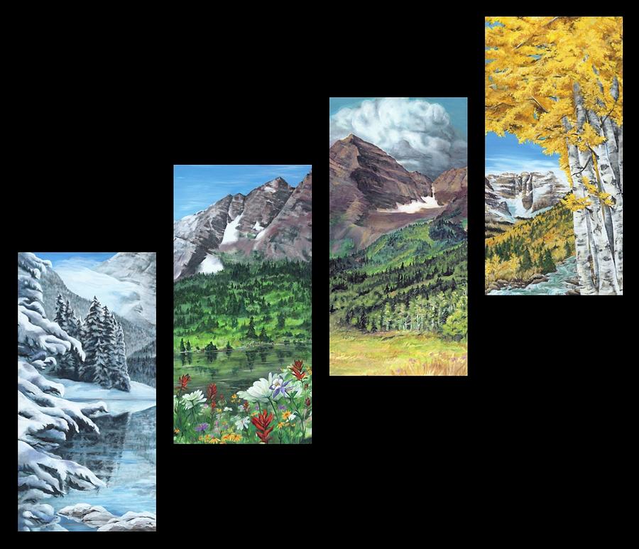 Four Seasons Maroon Bells Colorado Painting by Leizel Grant