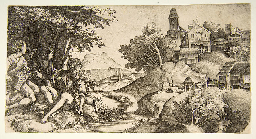 Four shepherds with musical instruments seated under a group of trees. A hilly landscape with buildi Drawing by Giulio Campagnola