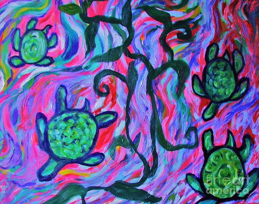 Four Turtles Swimming In Color Painting By Emily Michaud   Four Turtles Swimming In Color Emily Michaud 