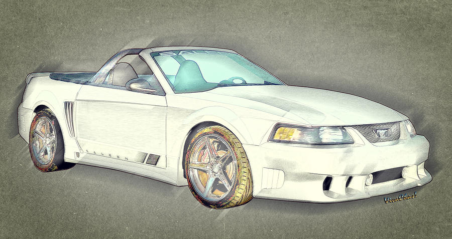 Convertible Digital Art - Fourth Generation Mustang Saleen Rag Top Colour Sketch by Chas Sinklier