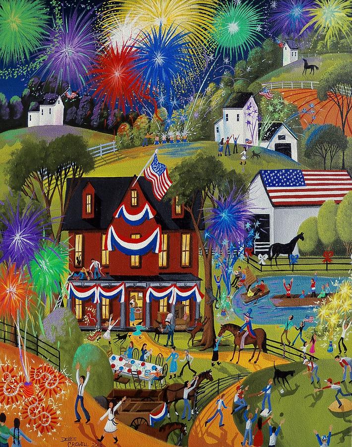 Fourth Of July - Fireworks on the farm Painting by Debbie Criswell