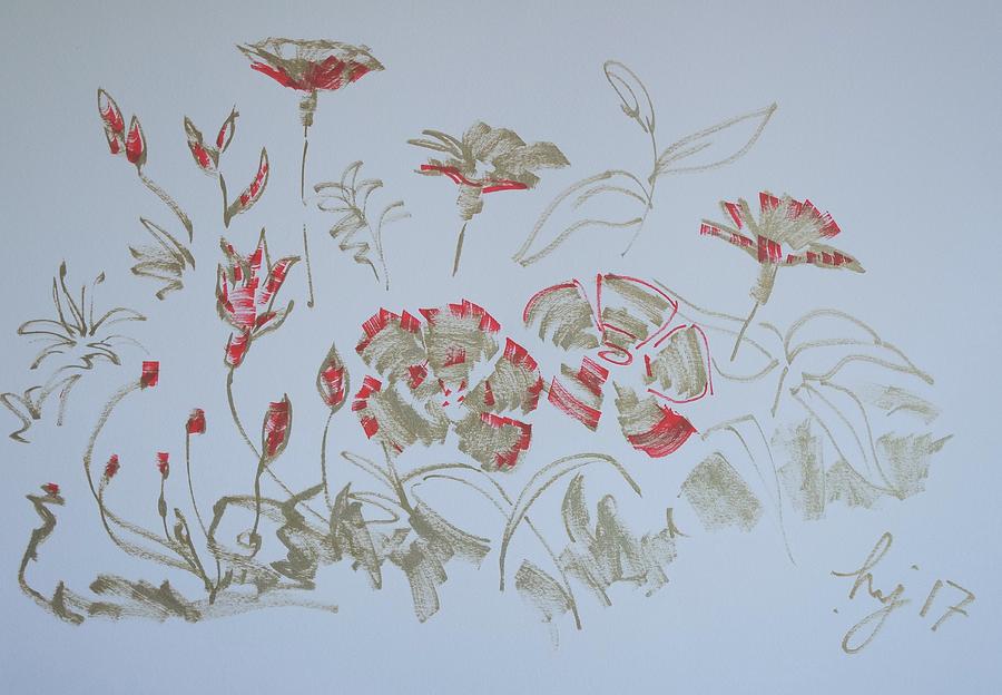 Fowers Red and Gold Drawing by Mike Jory