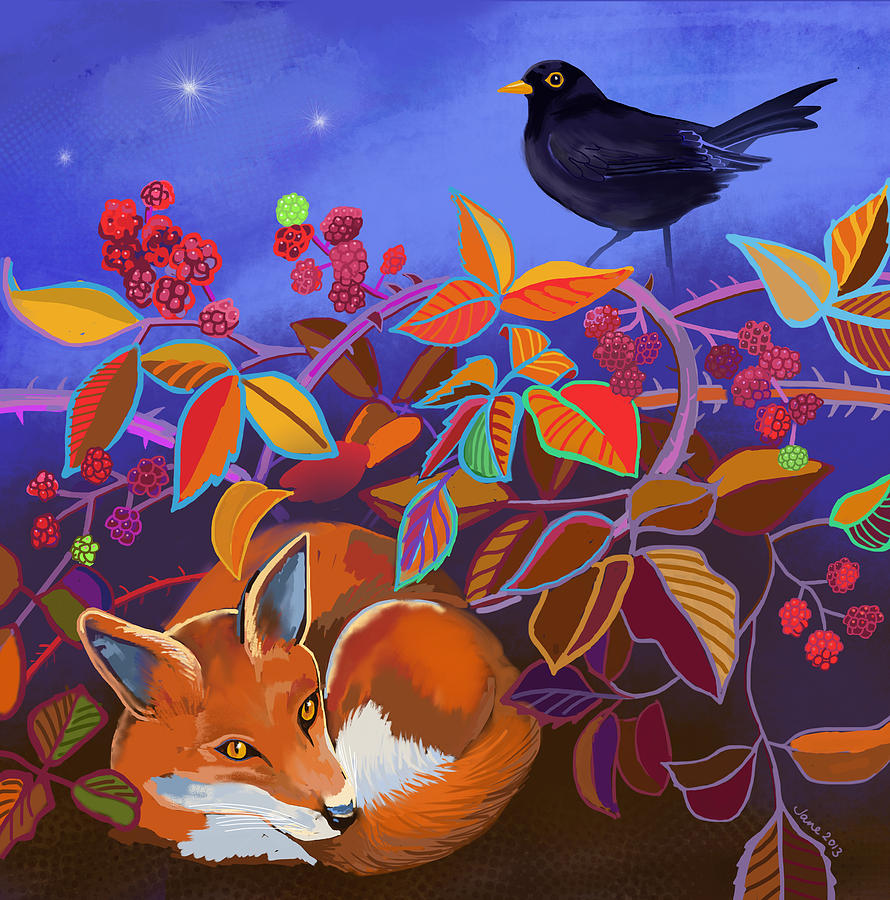 Fox Painting - Fox and blackberries by Jane Tomlinson Fox Painting - Fox and blackberries by Jane Tomlinson