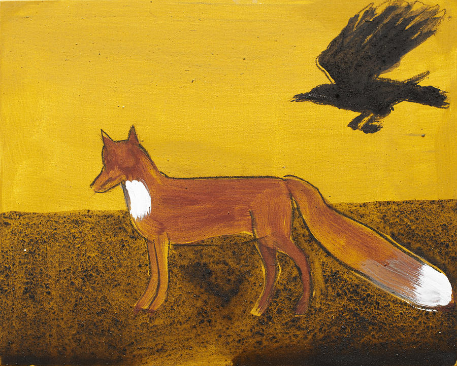Fox and Flying Raven Painting by Sophy White