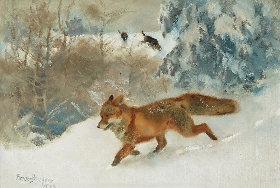 Fox And Foxhounds In Winter Landscape Painting by Bruno Liljefors - Pixels