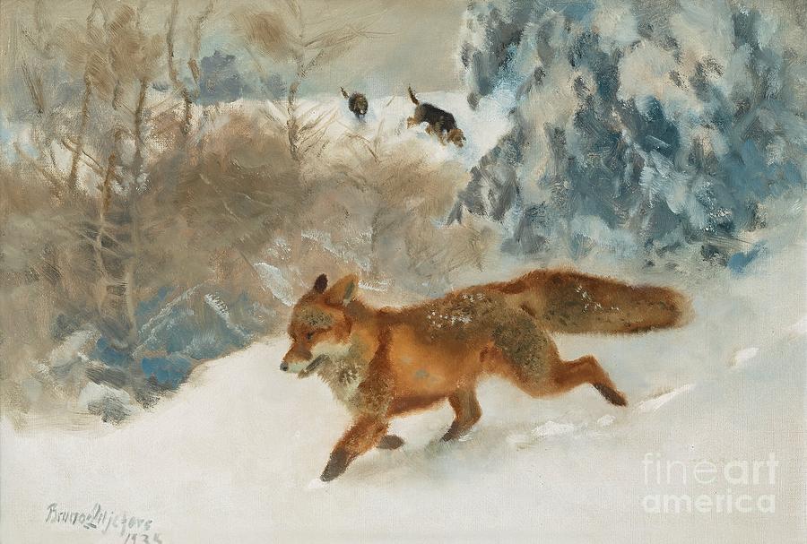 Bruno Liljefors Painting - Fox And Foxhounds In Winter Landscape by Celestial Images