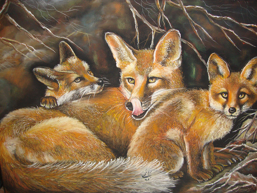 Fox and Kits Painting by Maryam Shakeri