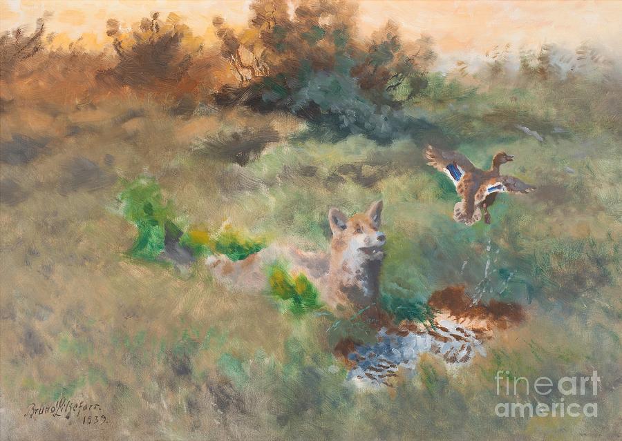 Bruno Liljefors Painting - Fox And Mallard by Celestial Images
