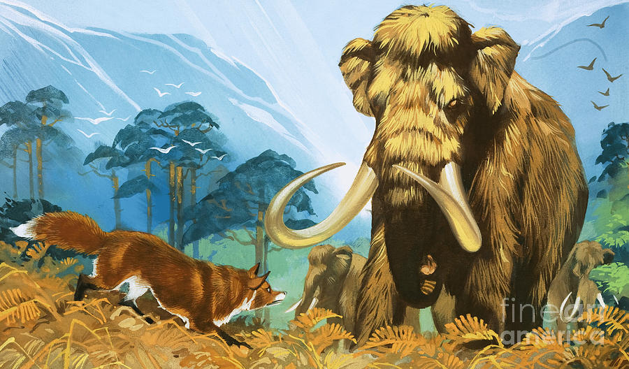 Prehistoric Painting - Fox Attacking Mammoth by Angus McBride