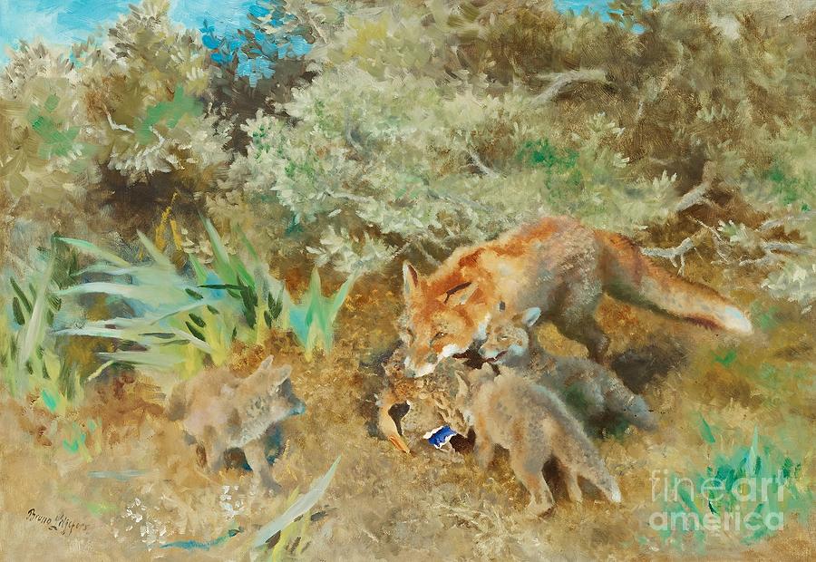 Fox Family With Mallard Painting by Celestial Images