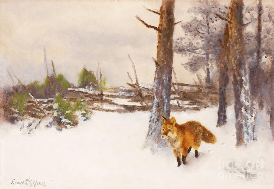 Fox In Winter Landscape Painting by MotionAge Designs