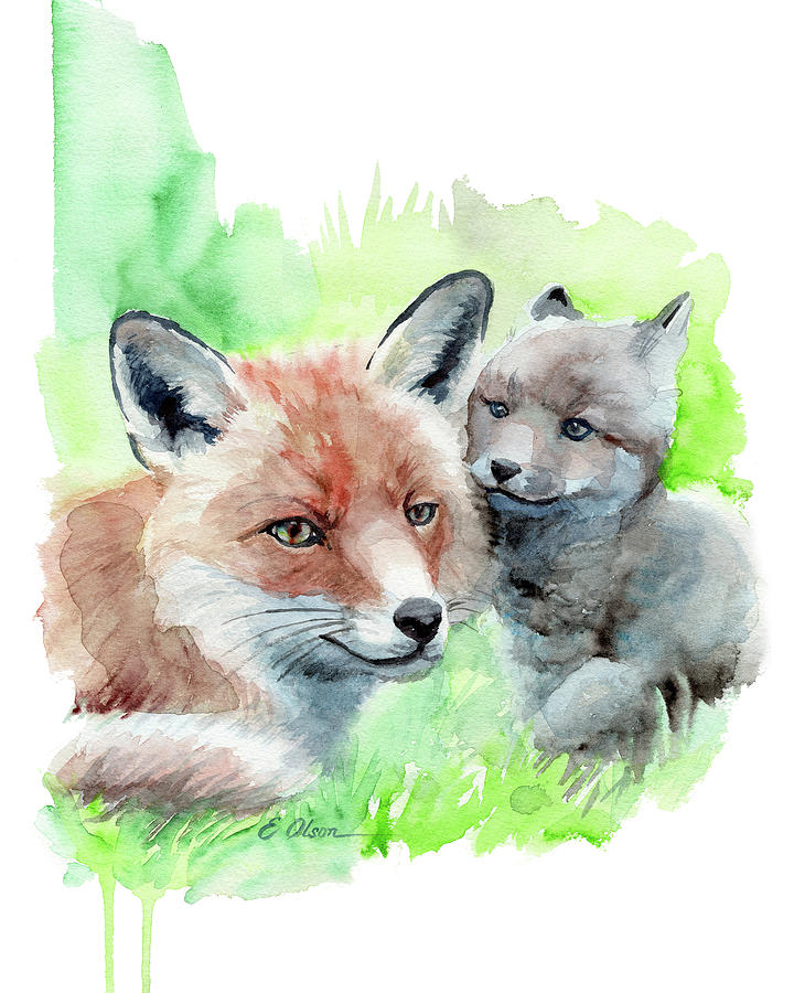 Fox Mother and Baby Painting by Emily Olson