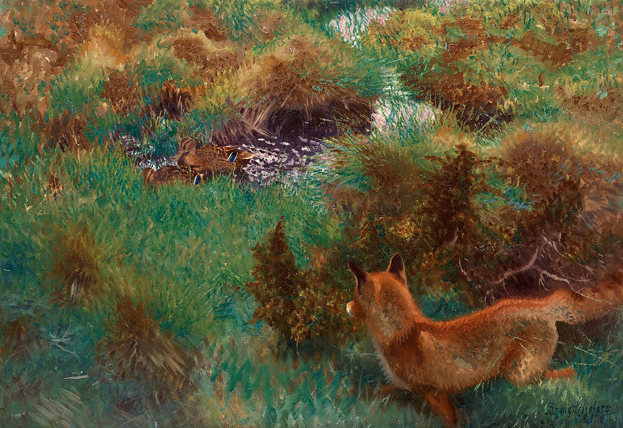 Fox Stalking Wild Ducks Painting by Bruno Liljefors