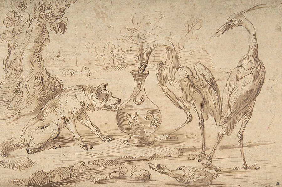 Fox With Two Herons Drawing by Frans Snyders