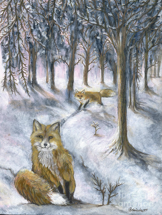 Foxes in snow Painting by Ang El