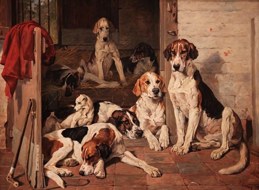 John Emms Painting - Foxhounds and Terrier in a Stable Interior by Celestial Images
