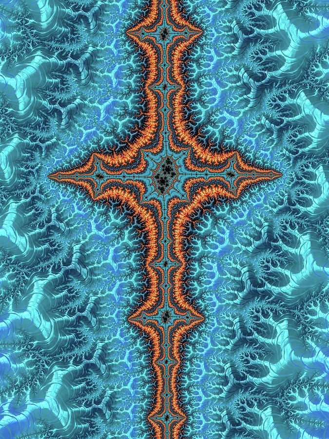 Abstract Digital Art - Fractal cross turquoise and orange by Matthias Hauser