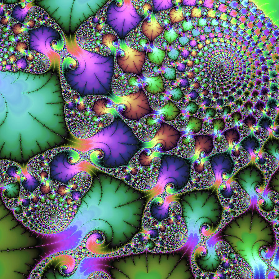 Fractal floral spirals jewel colored green purple gold Digital Art by Matthias Hauser