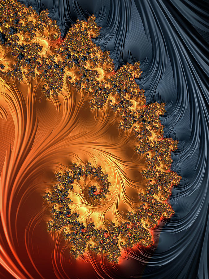 Fractal Spiral Orange Golden Black Digital Art