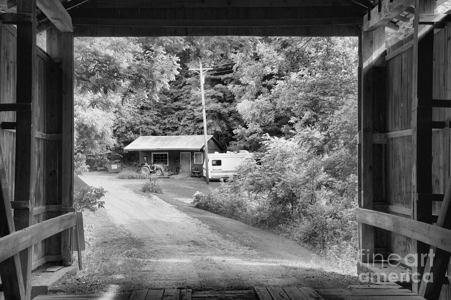 Framed By The Wilkins Mill Covered Bridge Black And White Photograph by Adam Jewell