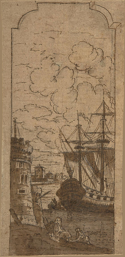 Framed Port scene with two figures Drawing by Dominique Barriere