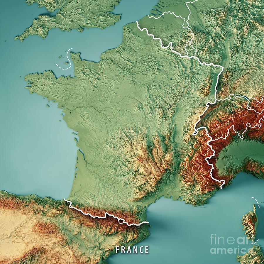 Topo Map Of France France Country 3D Render Topographic Map Border Digital Art by 