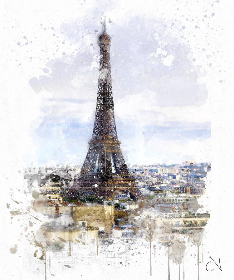 France Paris Eiffel Tower Watercolor Design Digital Art by Carlos V