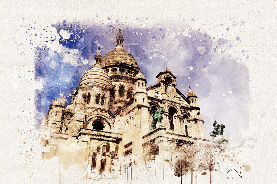 France Paris Sacre Coeur Watercolor Design Digital Art by Carlos V