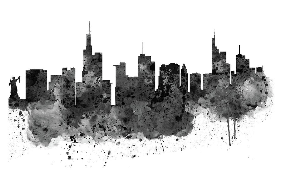 Black And White Painting - Frankfurt Black and White Skyline by Marian Voicu