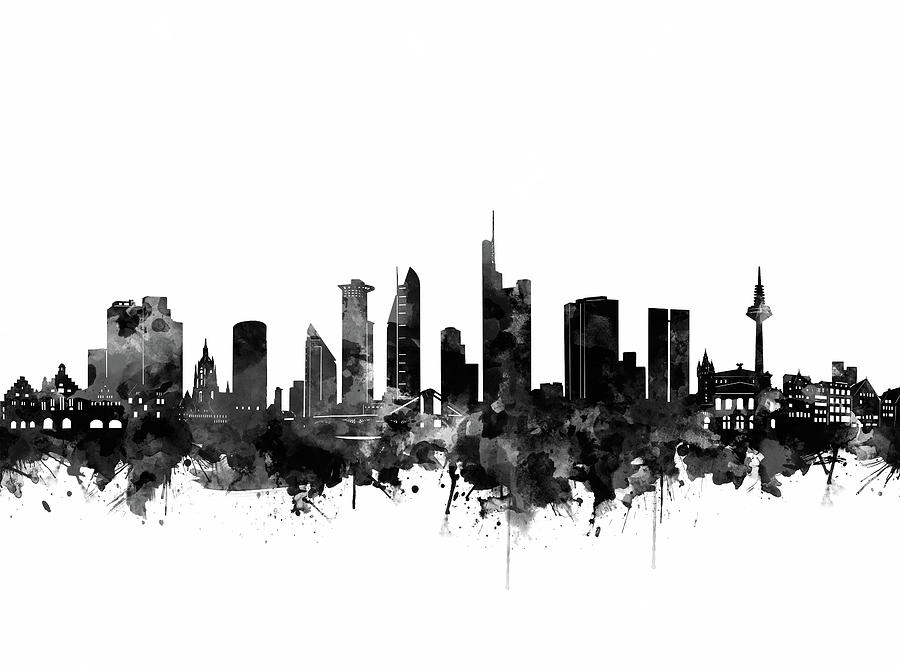 Frankfurt City Skyline Black And White Digital Art