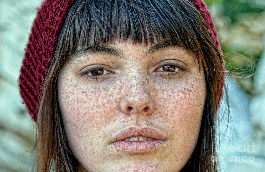 Black And White Photograph - Freckle Face CloseUp  color version by Jim Fitzpatrick