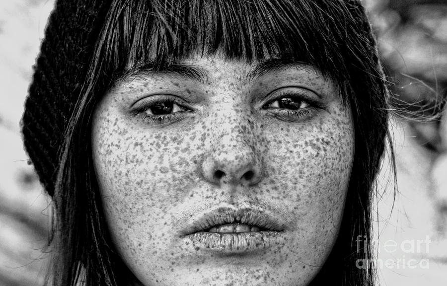 Black And White Photograph - Freckle Face CloseUp  by Jim Fitzpatrick