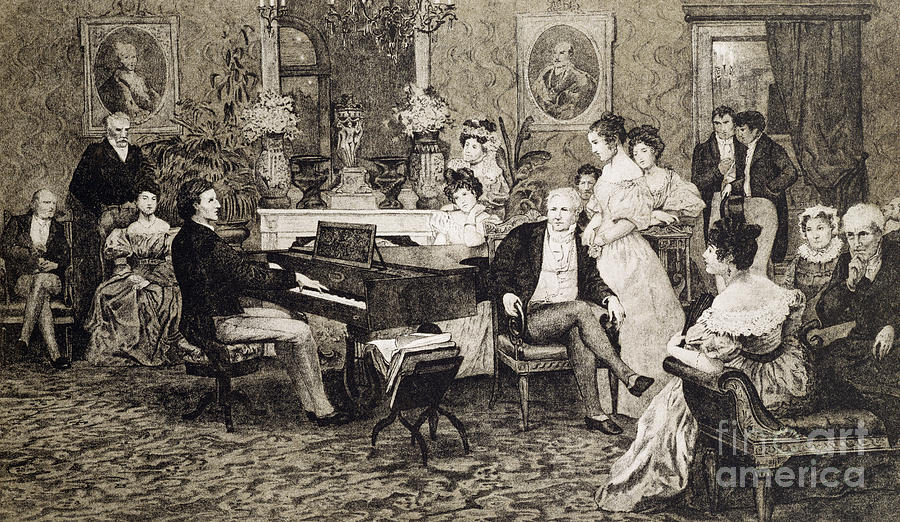 Frederic Chopin playing in the salon of the musician and composer Prince Anthony Radziwill Drawing by Hendrik Siemiradzki