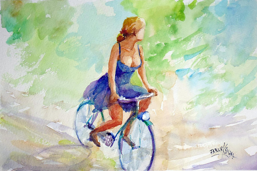 Freedom On Bicycle Painting by Faruk Koksal