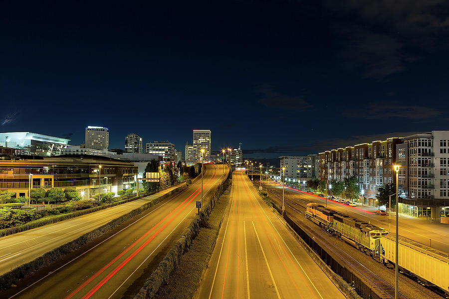 Freeway Traffic Light Trails in Downtown Tacoma Photograph by David Gn