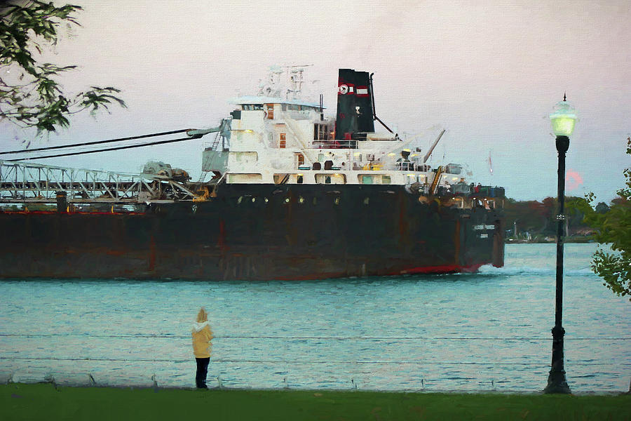 Freighter at Dusk Painterly Photograph by Mary Bedy