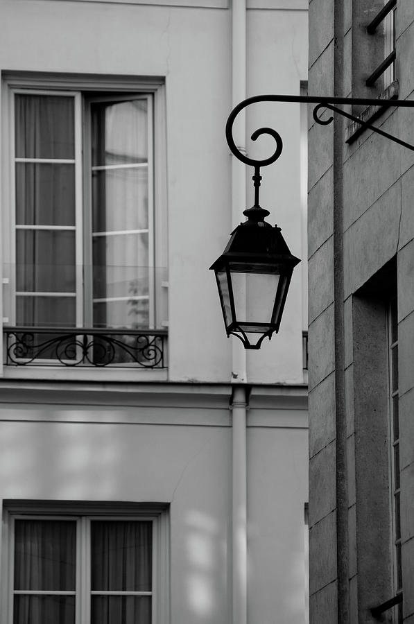 French Alley Lantern-Black and White Photograph by Jani Freimann
