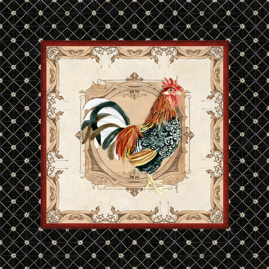 French Country Roosters Quartet Black 1 Painting by Audrey Jeanne Roberts