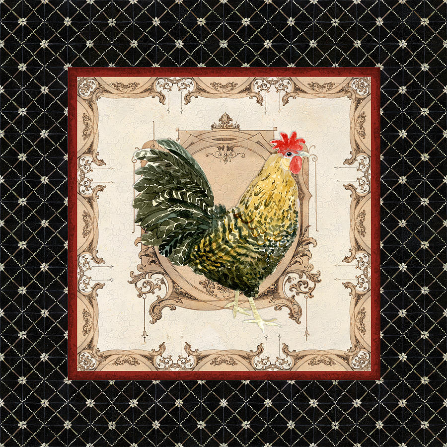 French Country Roosters Quartet Black 3 Painting by Audrey Jeanne Roberts