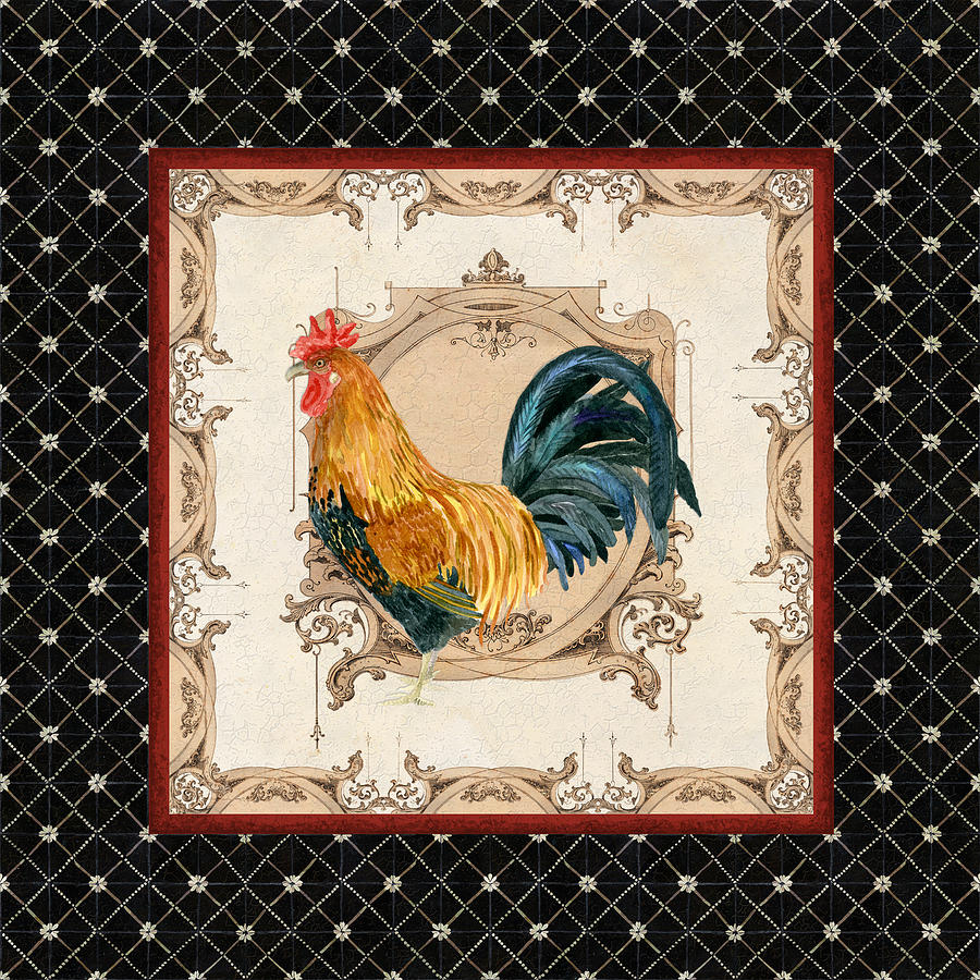 French Country Roosters Quartet 4 Painting by Audrey Jeanne Roberts