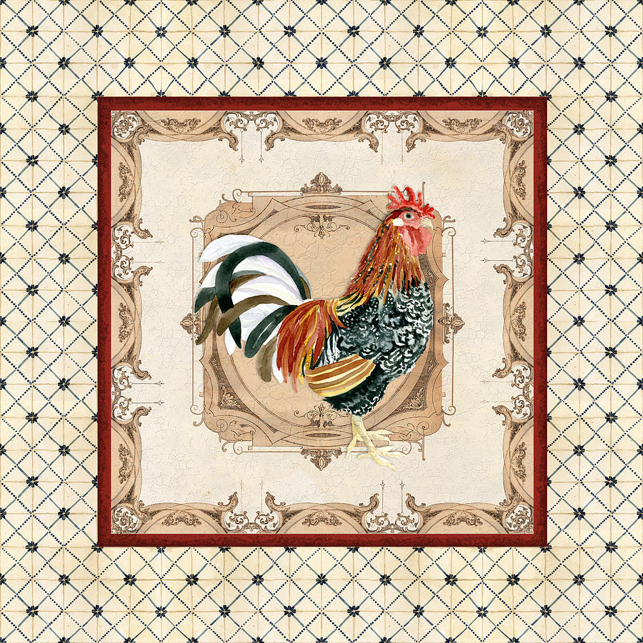French Country Roosters Quartet Cream 1 Painting by Audrey Jeanne Roberts