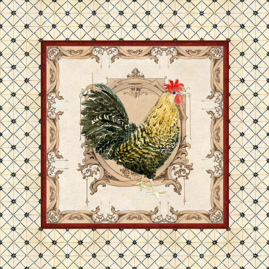 French Country Roosters Quartet Cream 3 Painting by Audrey Jeanne Roberts
