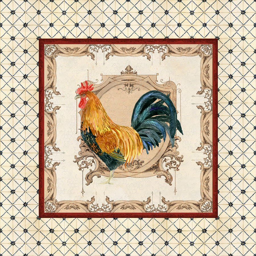 French Country Roosters Quartet Cream 4 Painting by Audrey Jeanne Roberts