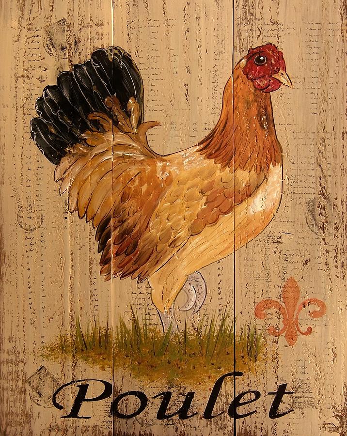 French Country Shabby Cottage Poulet Hen Painting by Cindy Micklos