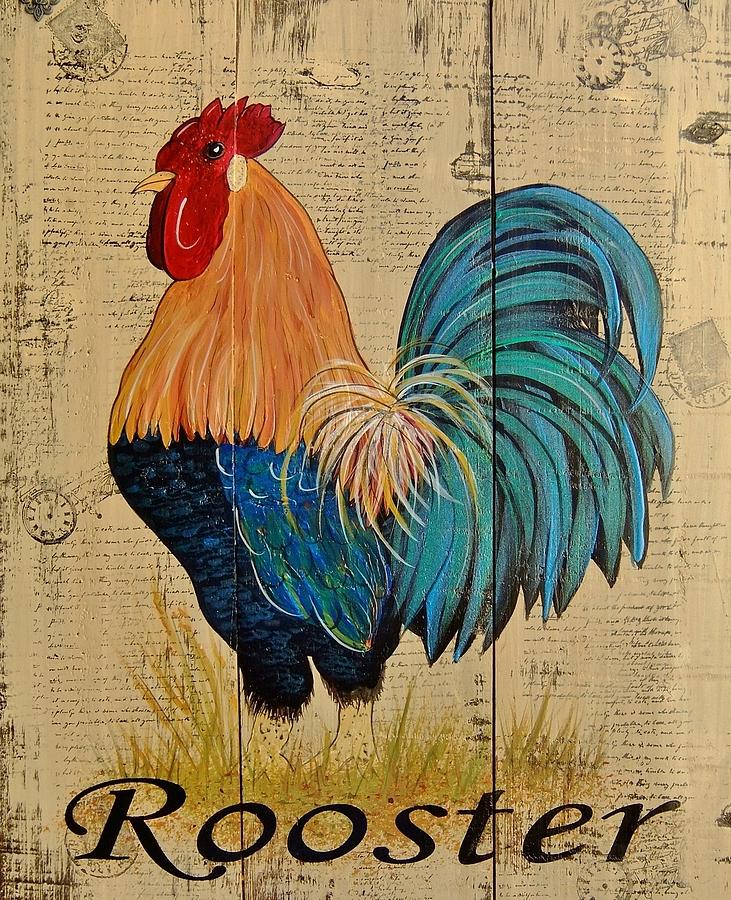 French Country Shabby Cottage Rooster Painting by Cindy Micklos