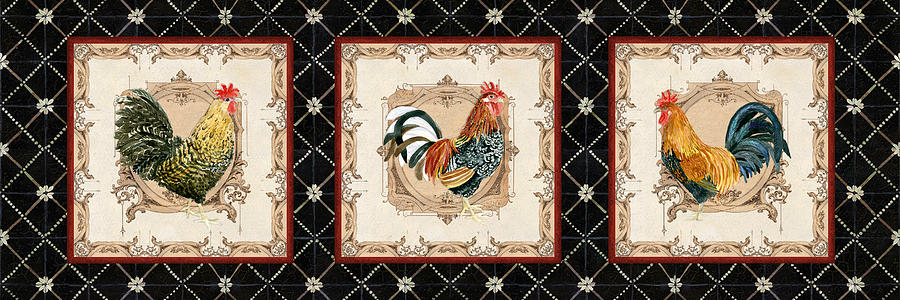 French Country Vintage Style Roosters - Triplet Painting by Audrey Jeanne Roberts