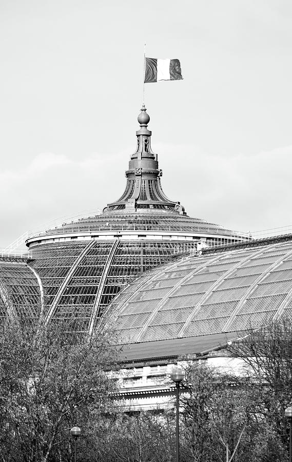 French Flag Flying Above Beaux Arts Glass Ceiling of Grand Palais Paris France Black and White Photograph by Shawn OBrien