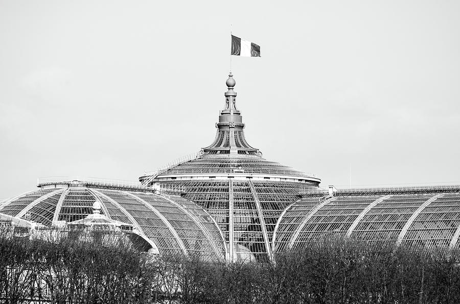 French Flag Flying Above Beaux Arts Glass Roof of Grand Palais Paris France Black and White Photograph by Shawn OBrien