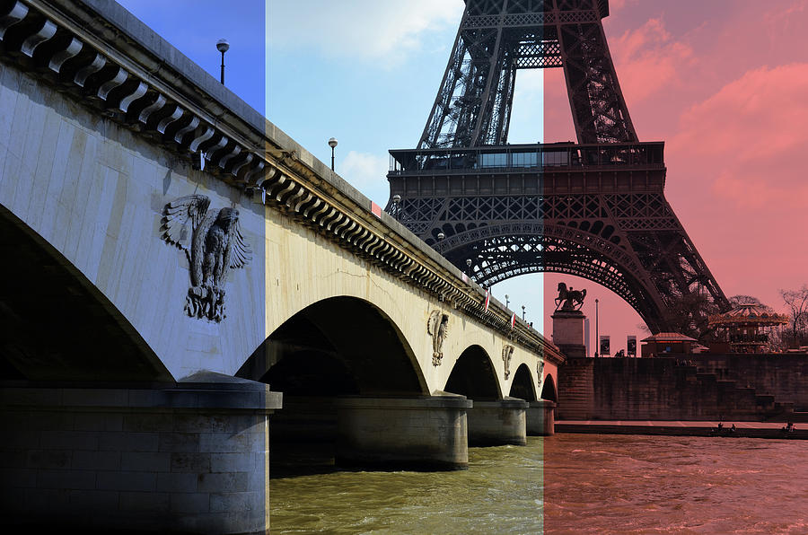 French Flag Motif over Pont dIena over the Seine River below Eiffel Tower Paris France Digital Art by Shawn OBrien