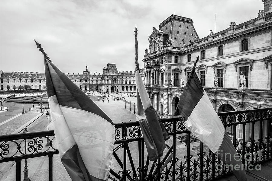 French Flags At Louvre, Paris, Black and White Photograph by Liesl Walsh
